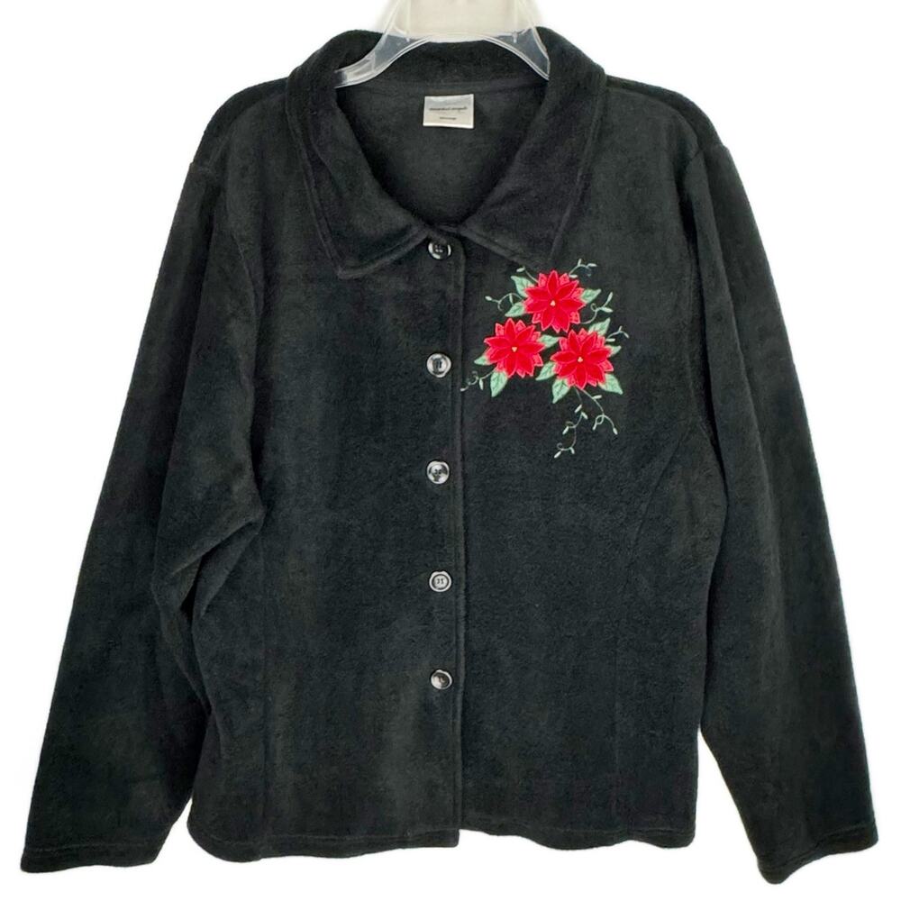 decorated originals Black Embroidered Poinsettia Floral Fleece Jacket Top Sz XXL